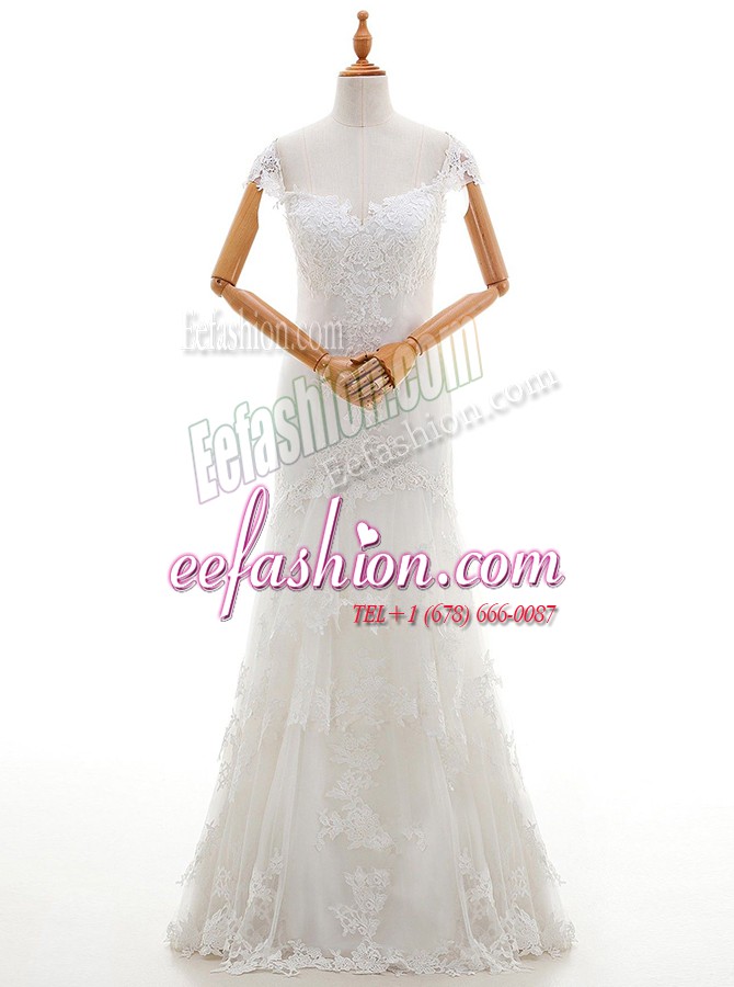  White Cap Sleeves Lace and Appliques Floor Length Wedding Dress