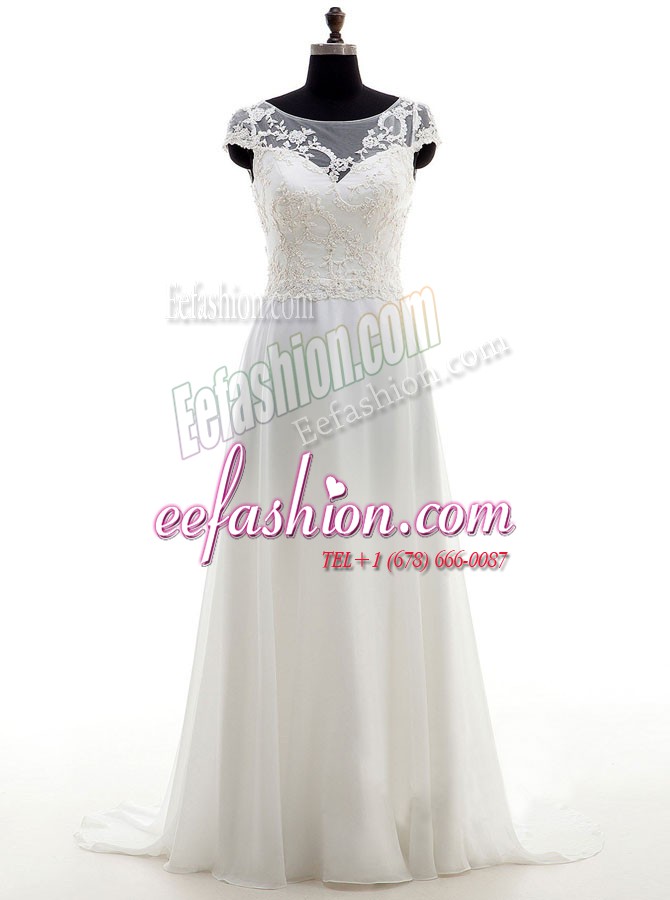 Scoop White Sleeveless Chiffon Brush Train Backless Wedding Gown for Wedding Party