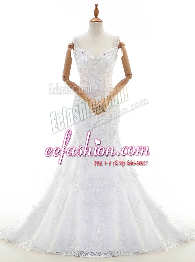 Fantastic Mermaid Sleeveless Court Train Backless With Train Beading and Lace Wedding Gowns