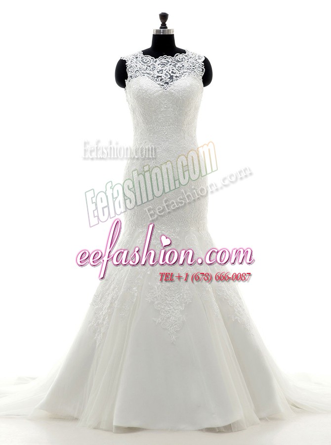 Gorgeous Mermaid White Clasp Handle Scalloped Lace and Appliques Wedding Gowns Tulle and Lace Sleeveless Brush Train