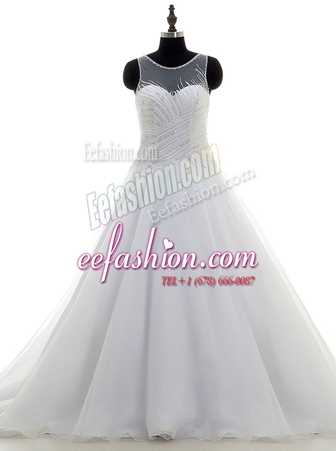 Latest Scoop Beading Wedding Gowns White Zipper Sleeveless With Train Sweep Train