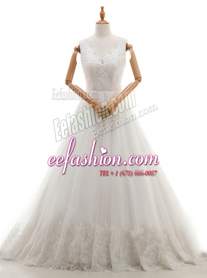 Modest Lace and Appliques Bridal Gown White Zipper Sleeveless With Train Court Train