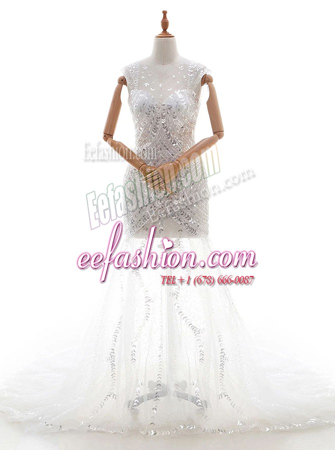  White Bridal Gown Wedding Party and For with Beading and Sequins V-neck Sleeveless Court Train Zipper