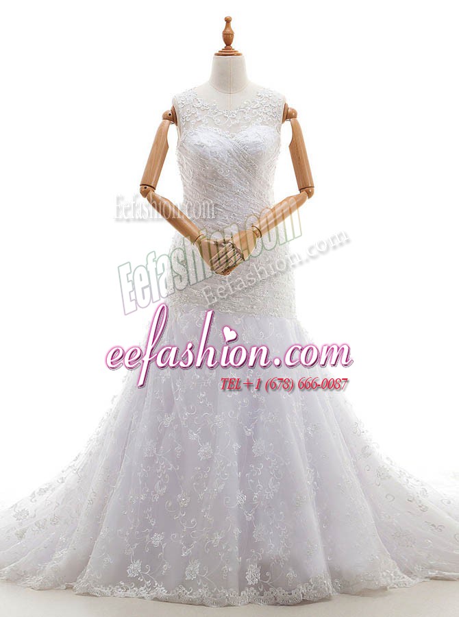 Chic Scoop Sleeveless Lace Wedding Dresses Lace and Ruching Court Train Zipper