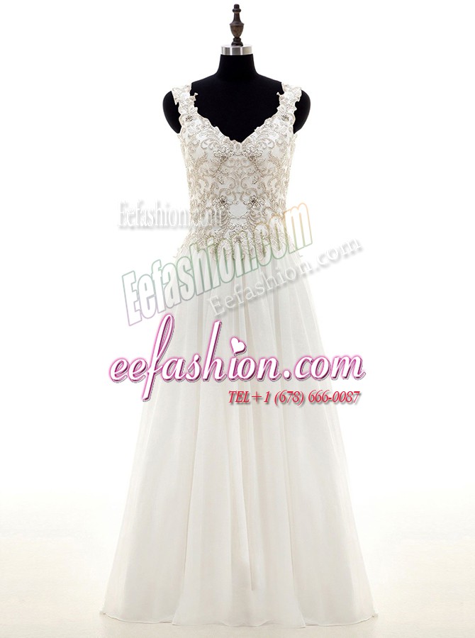 Best Chiffon V-neck Long Sleeves Lace Up Beading and Lace and Appliques Wedding Gown in White