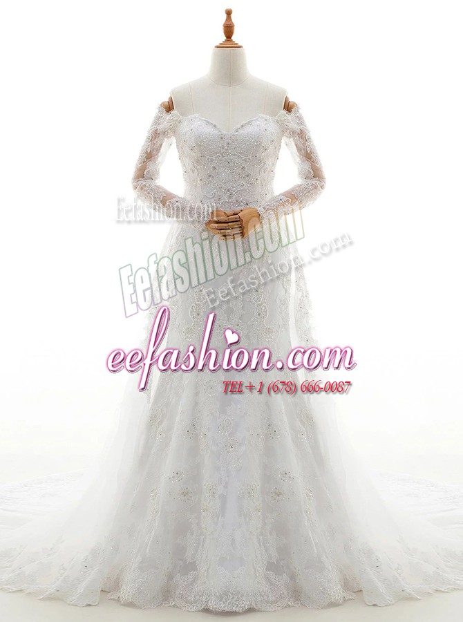 Glamorous Off the Shoulder Lace Long Sleeves With Train Bridal Gown Brush Train and Beading and Lace