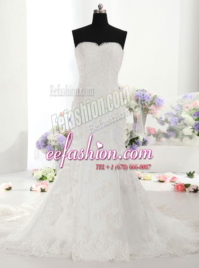 Edgy Mermaid Sweetheart Sleeveless Wedding Gown With Train Court Train Lace White Lace