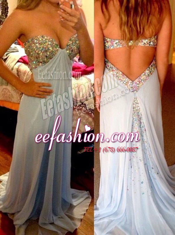  Light Blue Sleeveless Chiffon Brush Train Backless Prom Gown for Prom and Party