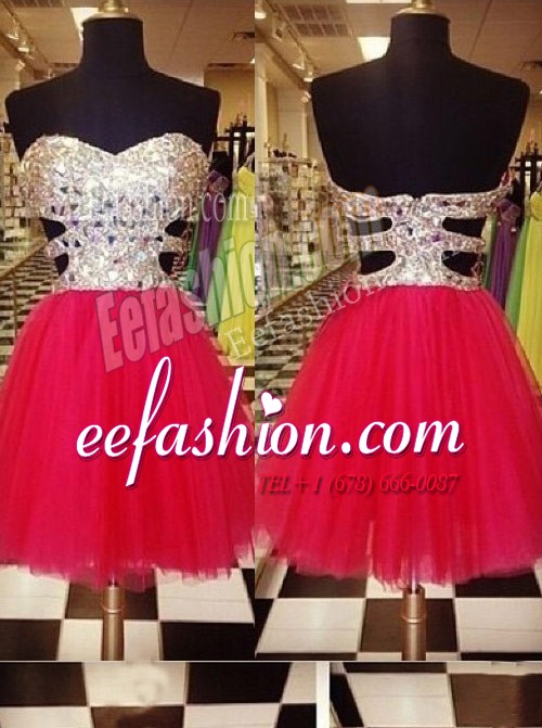 New Style Sequins Sweetheart Sleeveless Zipper Prom Party Dress Red Tulle