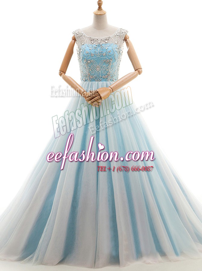 On Sale Light Blue Lace Up Scoop Beading Prom Gown Tulle Sleeveless Court Train