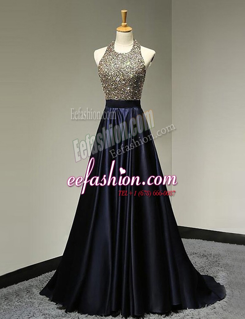 Low Price Scoop Sleeveless Satin Prom Gown Beading Brush Train Backless