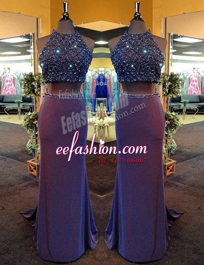 Stunning Purple Chiffon Criss Cross High-neck Sleeveless Floor Length Prom Gown Beading