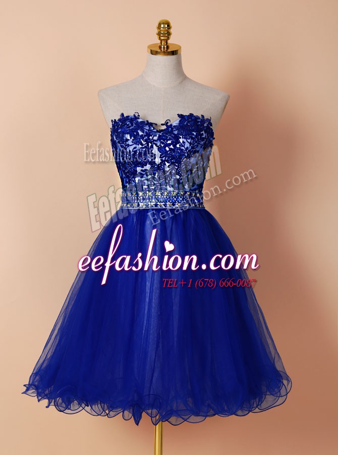  Royal Blue Tulle Zipper Sweetheart Sleeveless Knee Length Cocktail Dresses Beading and Appliques