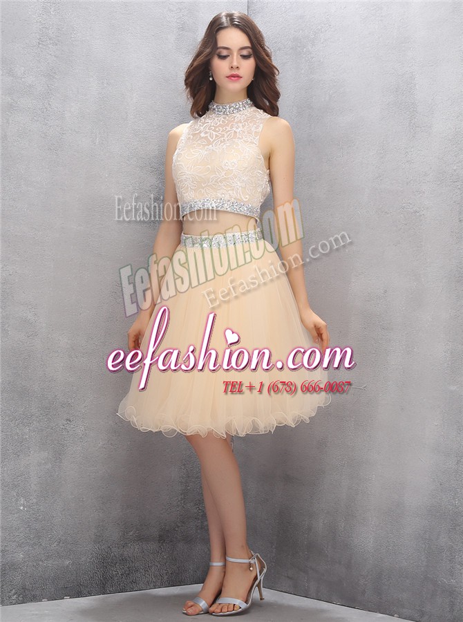 Customized High-neck Sleeveless Tulle Prom Party Dress Beading and Embroidery Zipper