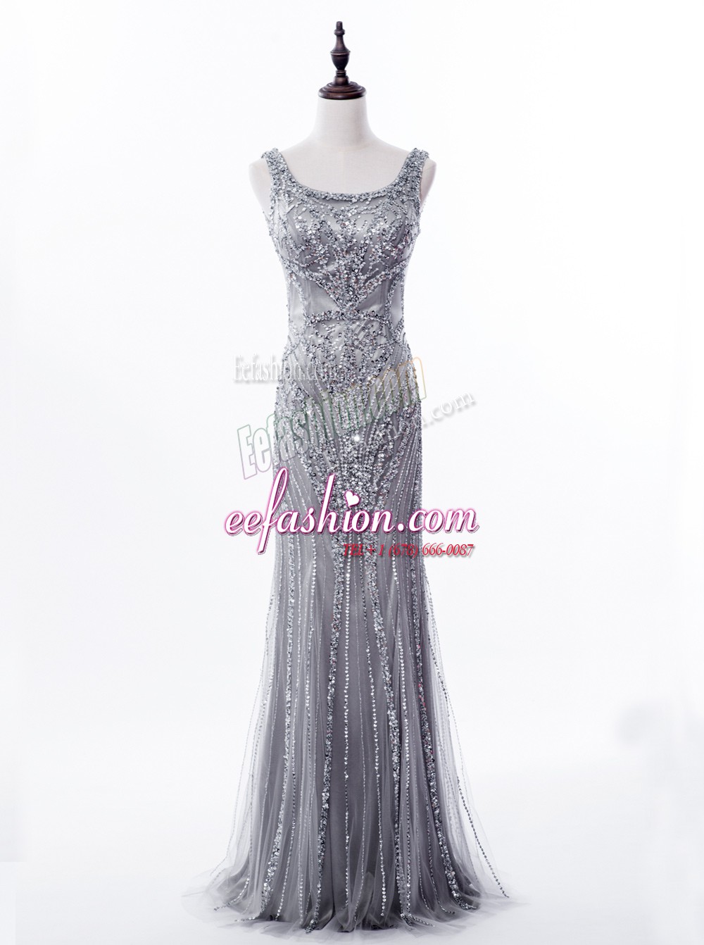 Customized Mermaid Sequins Square Sleeveless Brush Train Zipper Prom Evening Gown Grey Satin and Tulle