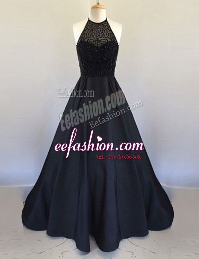 Fantastic Halter Top Black Sleeveless Beading Floor Length Evening Dress