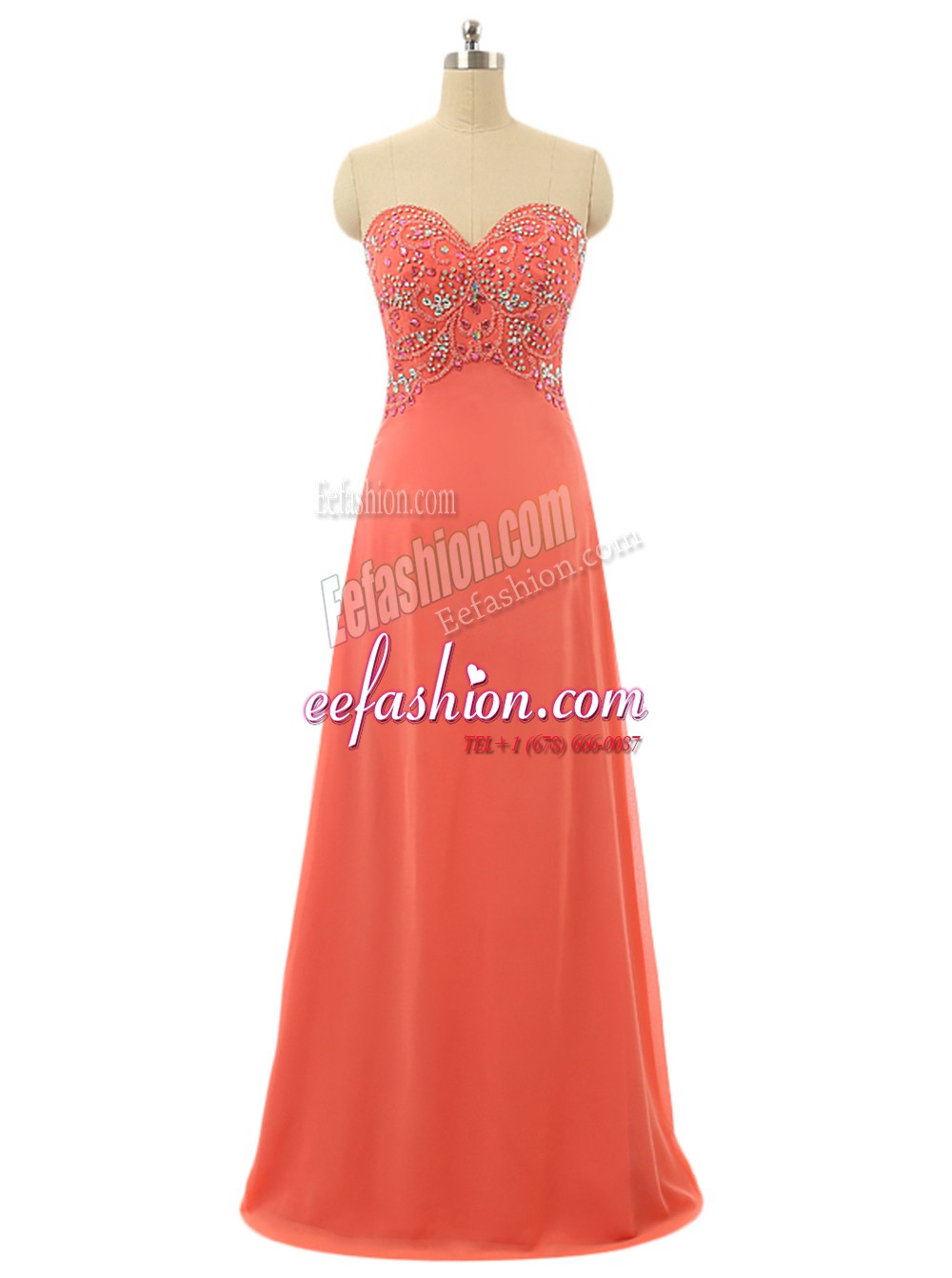  Watermelon Red A-line Beading Prom Gown Lace Up Chiffon Sleeveless Floor Length