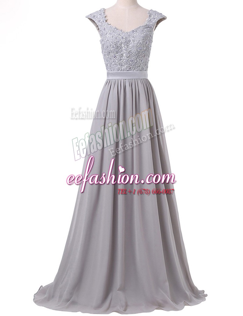 Popular Scoop Floor Length Grey High School Pageant Dress Chiffon Cap Sleeves Lace and Pleated