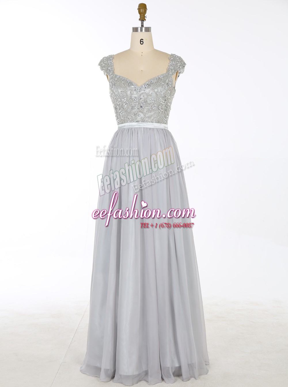  Sleeveless Chiffon Floor Length Zipper Prom Evening Gown in Grey with Beading and Appliques