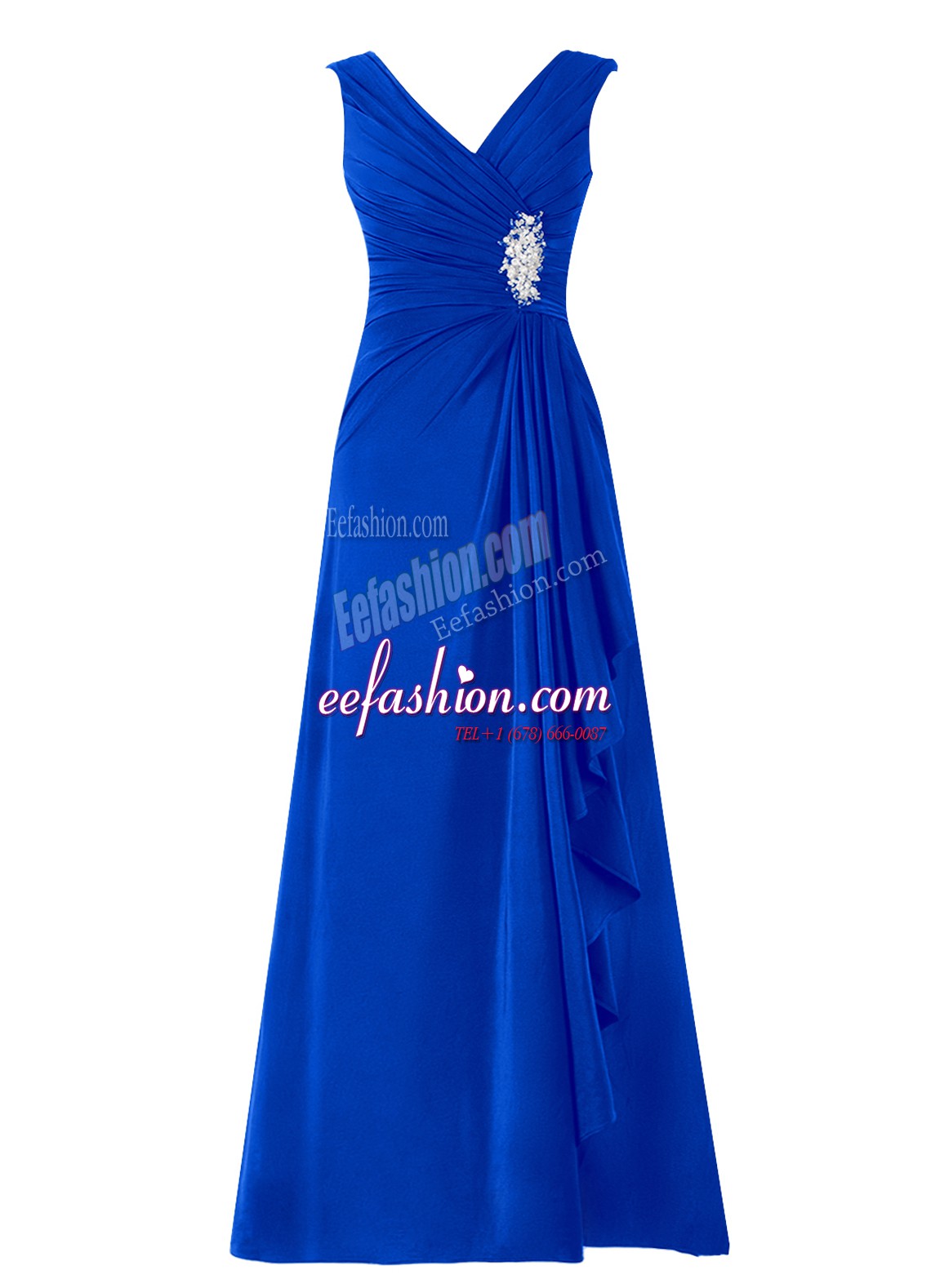  Royal Blue V-neck Zipper Beading Evening Dress Sleeveless