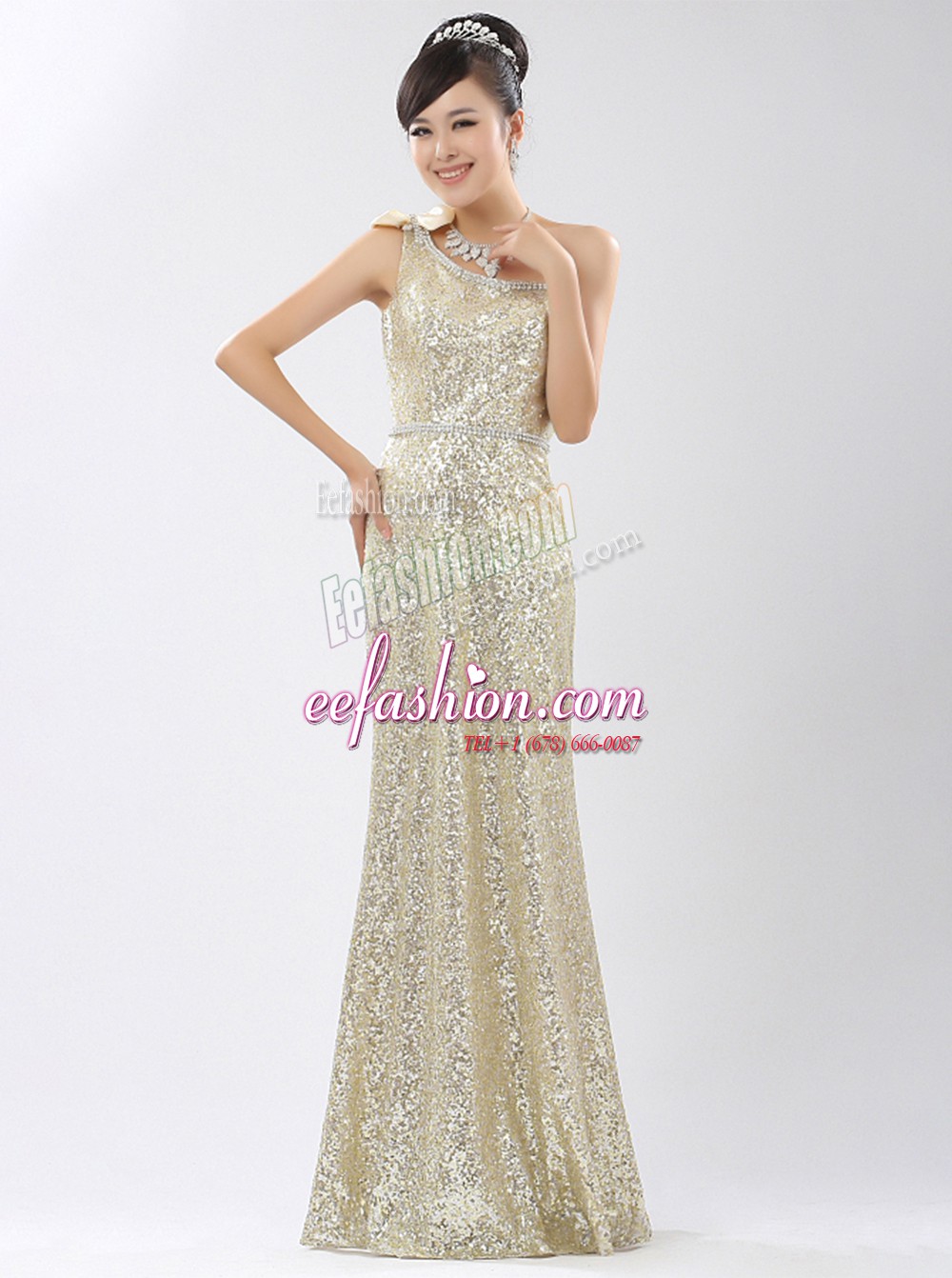  One Shoulder Sequined Sleeveless Floor Length Prom Dress and Sequins