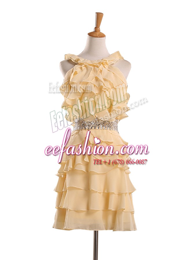  Halter Top Sleeveless Knee Length Beading and Ruffles Zipper Prom Party Dress with Gold