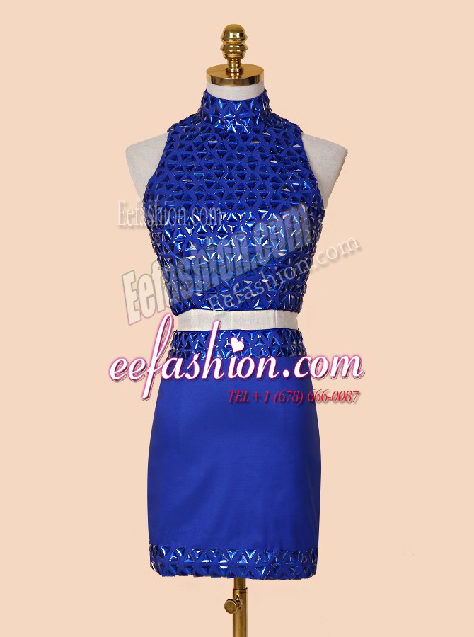 High Quality Royal Blue Column/Sheath Satin High-neck Sleeveless Beading Mini Length Backless Evening Dresses