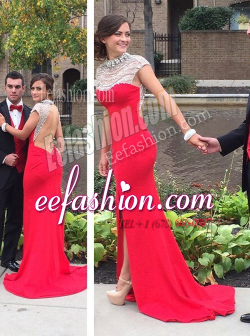 Enchanting Court Train Column/Sheath Prom Evening Gown Coral Red High-neck Chiffon Cap Sleeves Backless