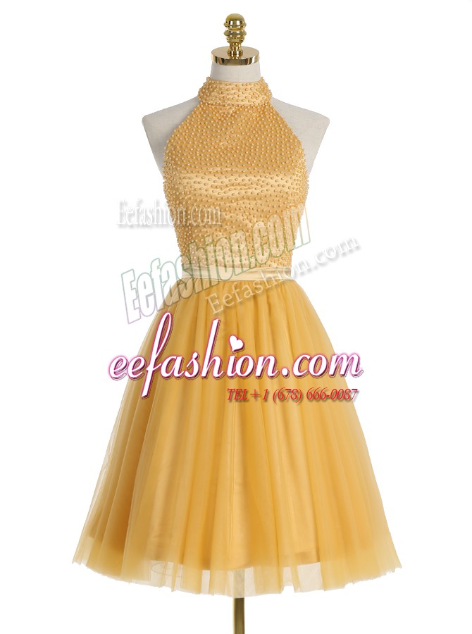 Deluxe Mini Length Zipper Prom Gown Gold for Prom with Beading