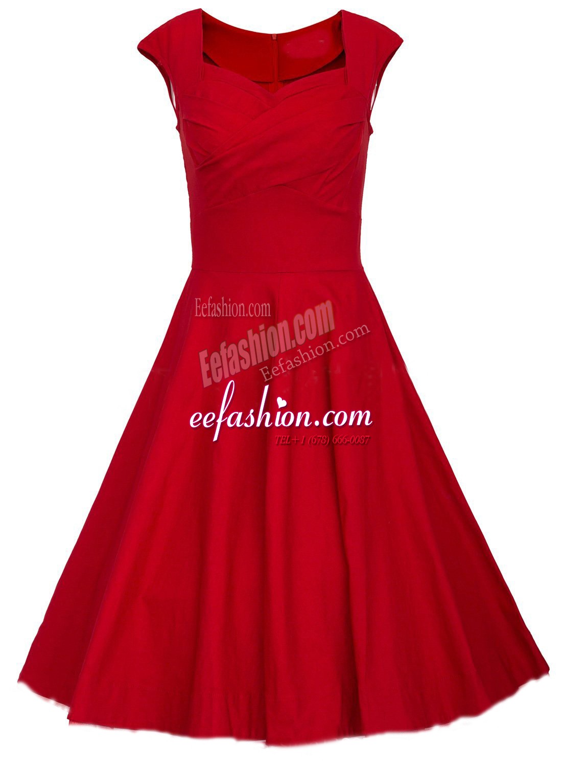 Custom Design Square Cap Sleeves Satin Knee Length Zipper Red Carpet Prom Dress in Red with Ruching