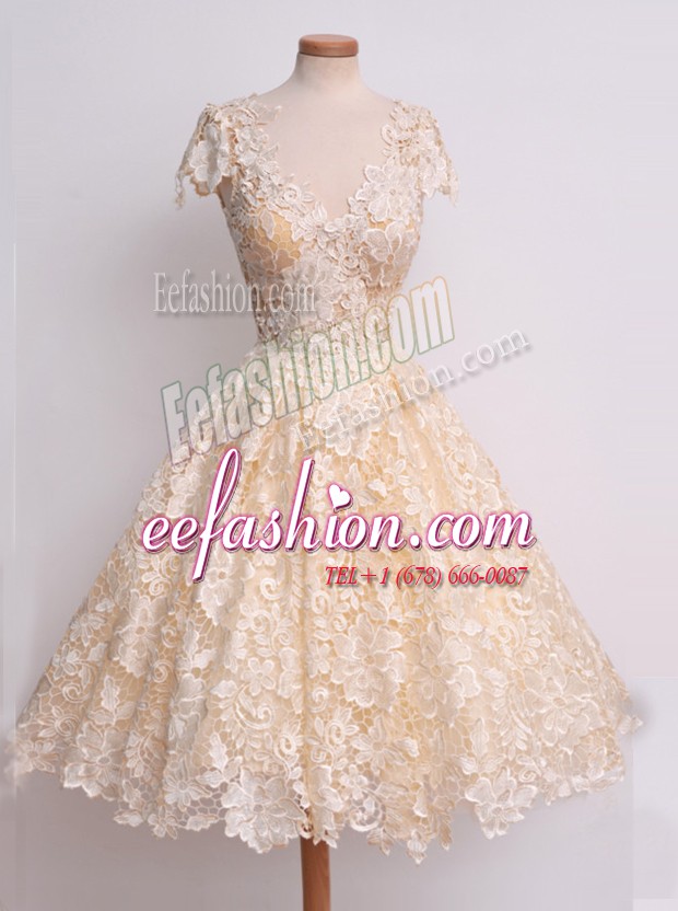 Custom Designed Cap Sleeves Knee Length Zipper Prom Party Dress Peach for Prom and Party with Lace