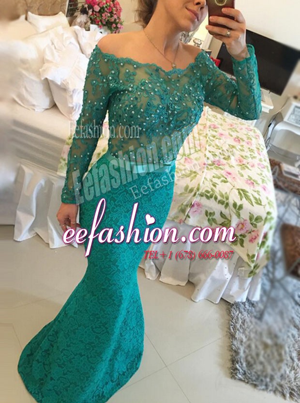 Chic Mermaid Lace Green Backless Prom Dress Beading Long Sleeves Floor Length