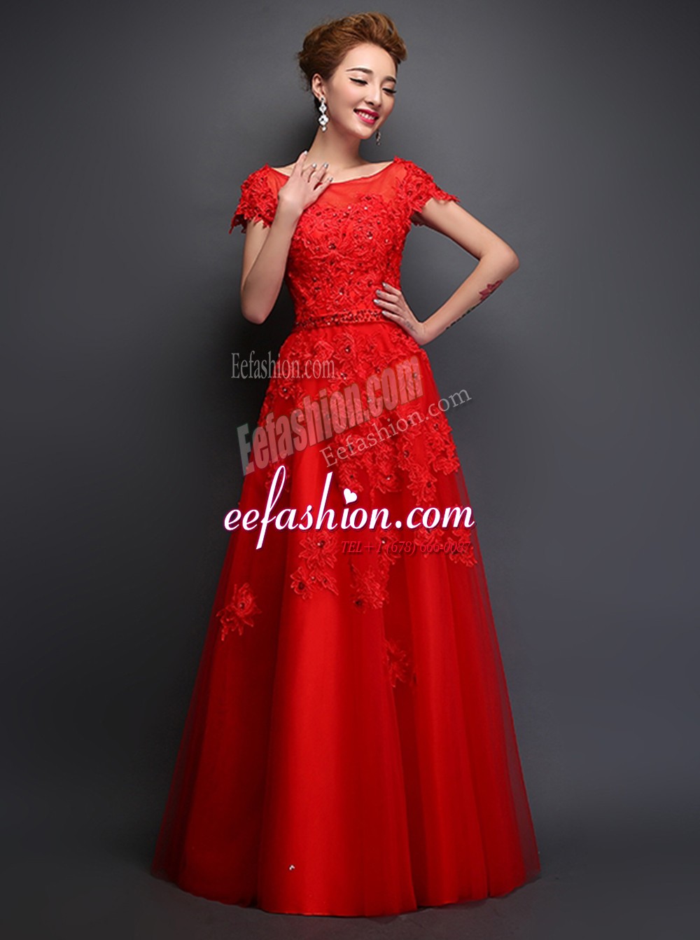  Scoop Red Lace Up Prom Dress Beading and Appliques Cap Sleeves Floor Length