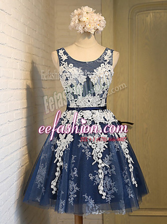  Navy Blue Organza Lace Up Scoop Sleeveless Knee Length Prom Dress Appliques