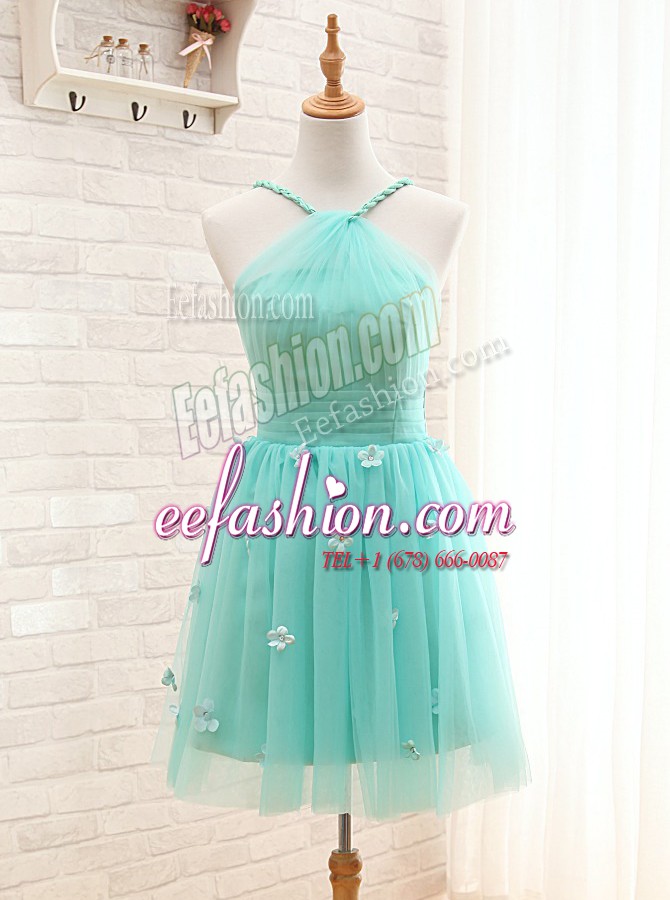  Straps Sleeveless Tulle Prom Dresses Hand Made Flower Lace Up