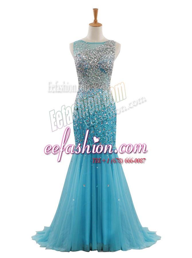  Mermaid Sleeveless Tulle With Train Sweep Train Zipper Homecoming Dress in Blue with Beading