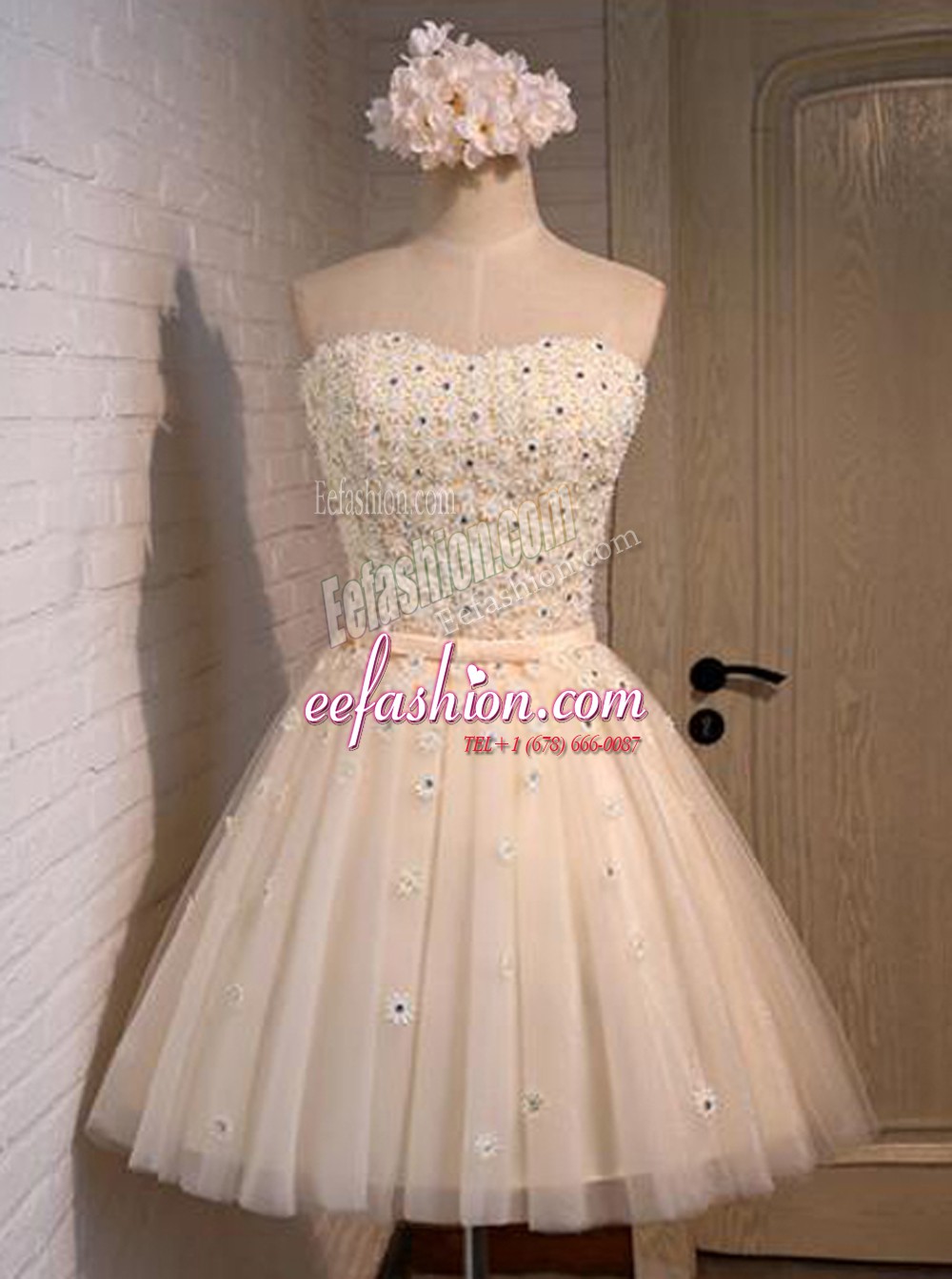  Champagne Organza Lace Up Prom Evening Gown Sleeveless Mini Length Appliques