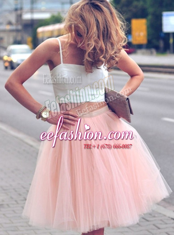  Pink And White A-line Spaghetti Straps Sleeveless Tulle Mini Length Zipper Ruffles Prom Party Dress