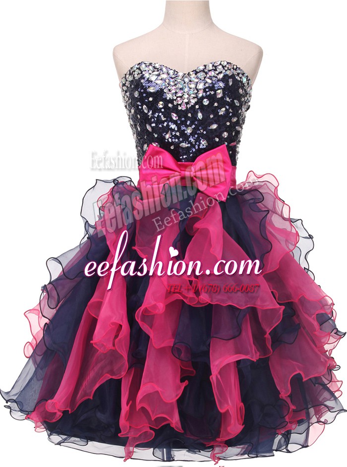 Custom Designed Sleeveless Knee Length Beading and Ruffles and Bowknot Lace Up Prom Dresses with Multi-color