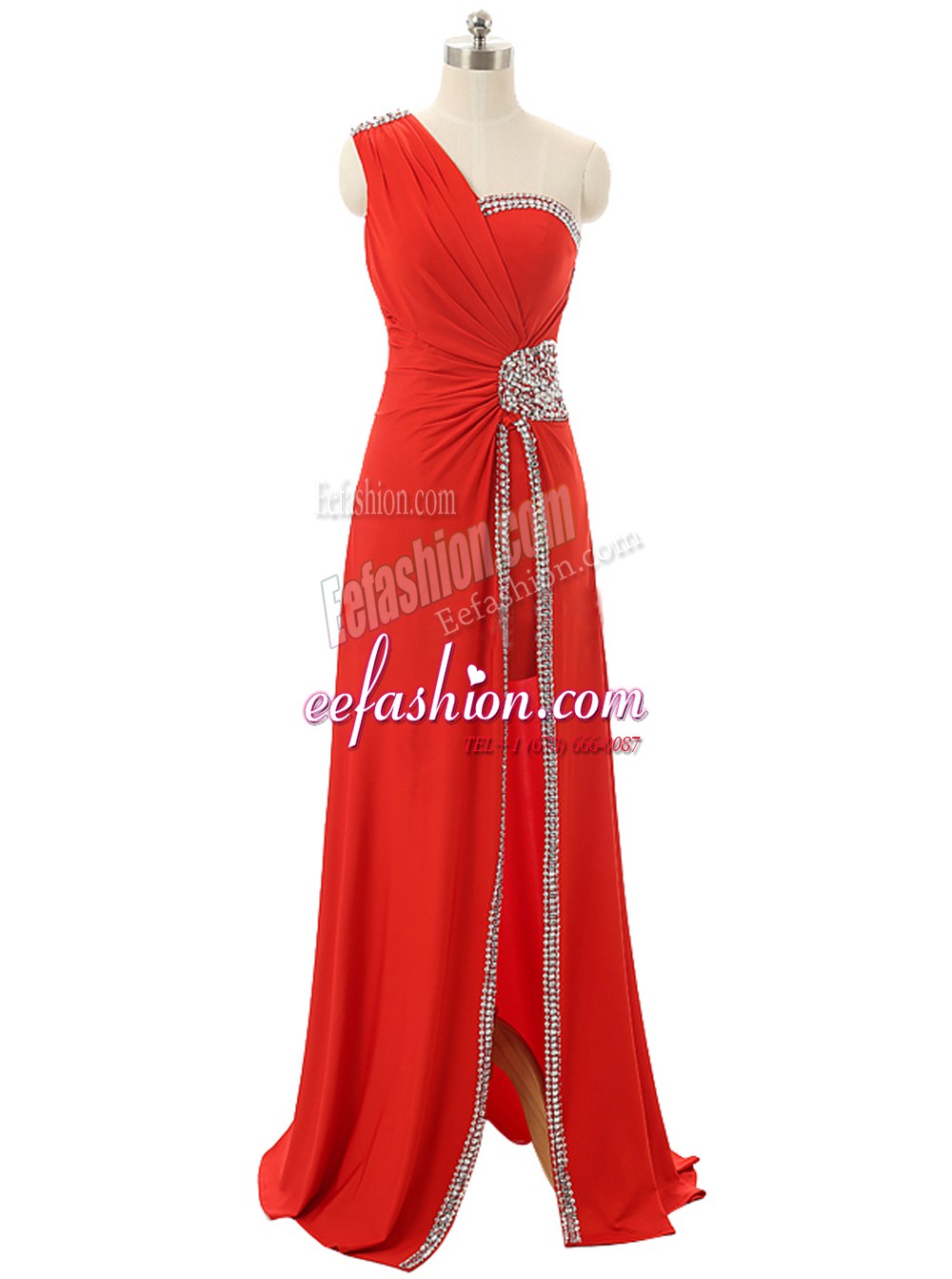  Red A-line Chiffon One Shoulder Sleeveless Beading and Ruching Floor Length Zipper Prom Gown
