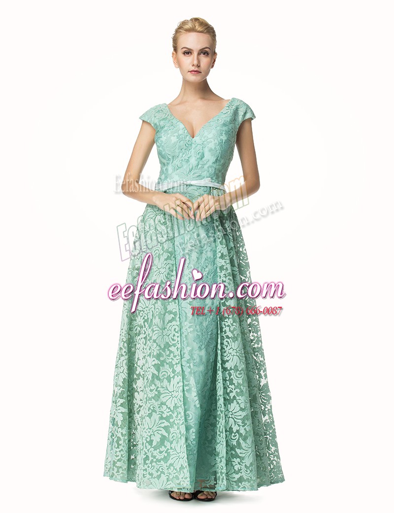 Sumptuous Turquoise Zipper V-neck Pleated Mother Of The Bride Dress Lace Cap Sleeves