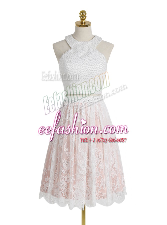 Eye-catching Halter Top Pink And White Sleeveless Lace Zipper Evening Dress for Prom