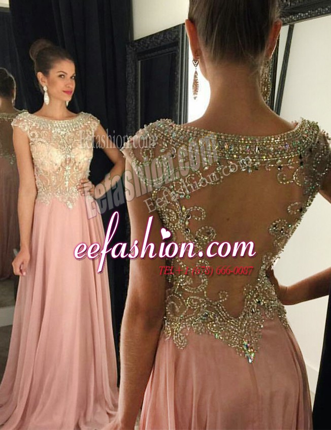 Trendy Cap Sleeves Beading Side Zipper Evening Dress with Pink Brush Train