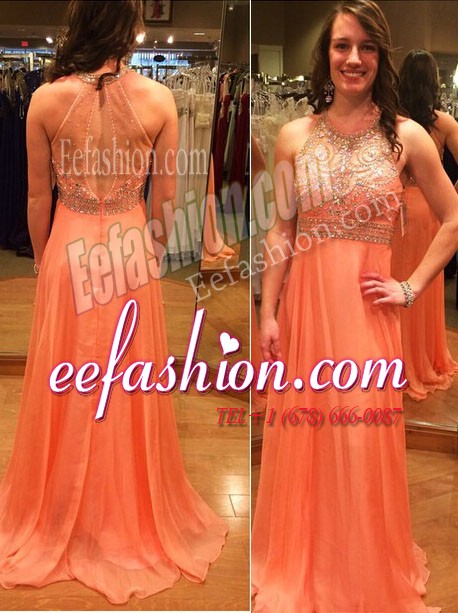  Backless Scoop Sleeveless Prom Dresses Brush Train Beading Orange Chiffon