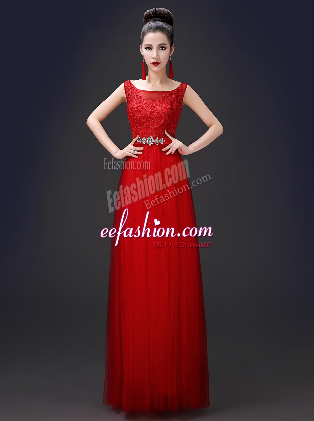  Tulle Scoop Sleeveless Zipper Appliques Dress for Prom in Red