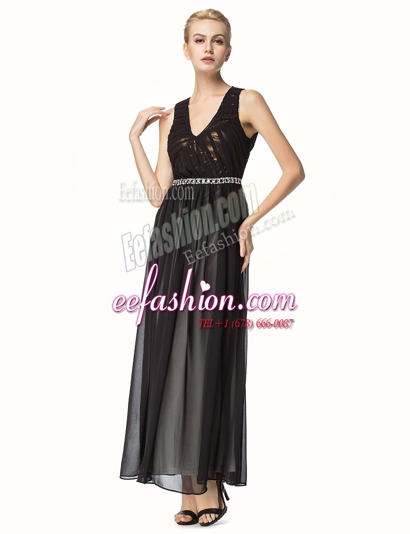  Backless Black Sleeveless Beading and Pleated Ankle Length Mother Of The Bride Dress