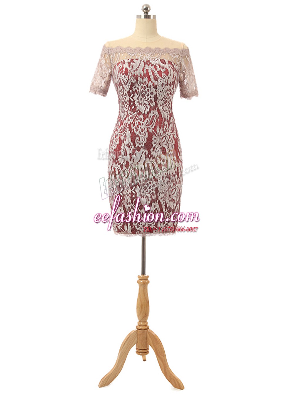 Fantastic Off the Shoulder Lace Mini Length Column/Sheath Short Sleeves White And Red Homecoming Dress Zipper