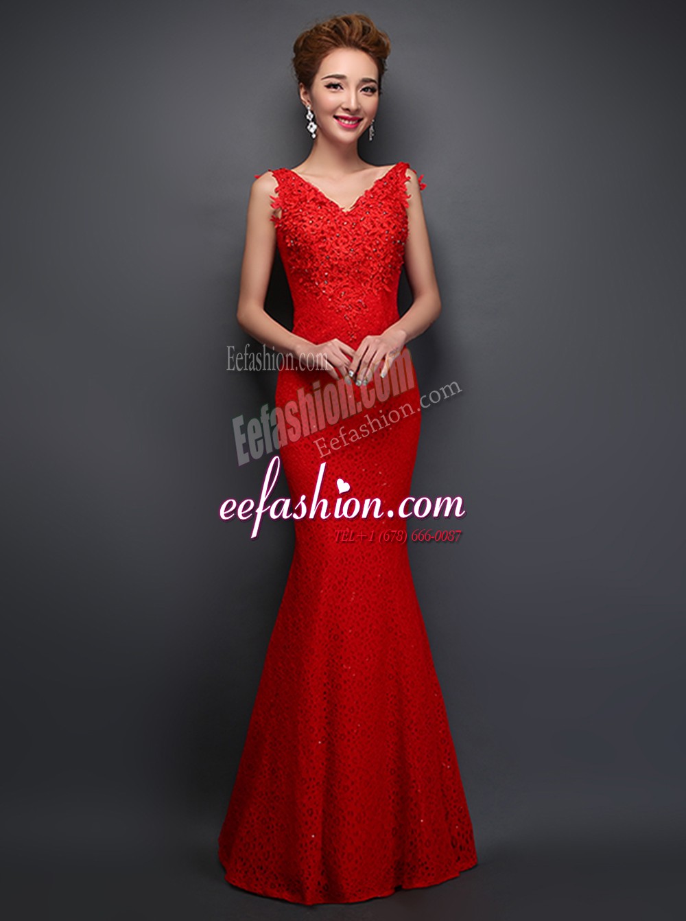 Sweet Mermaid Floor Length Lace Up Dress for Prom Red for Prom and Party with Beading and Appliques