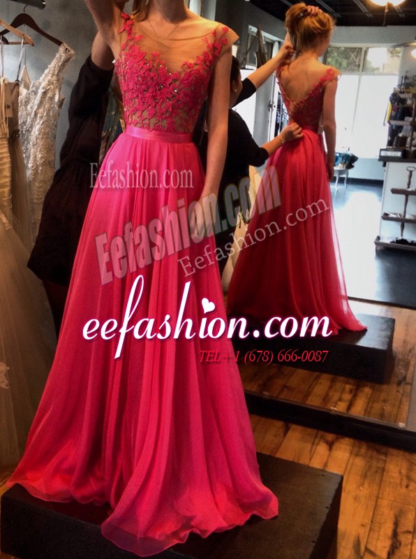Clearance Scoop Chiffon Sleeveless Floor Length Prom Dresses and Appliques