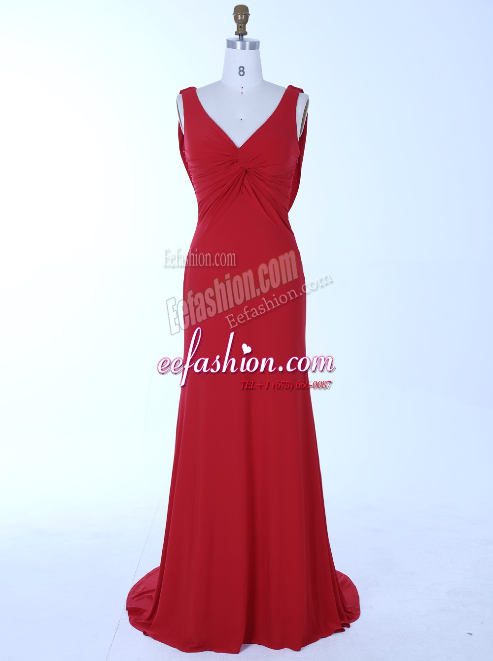 Ideal Mermaid Red Chiffon Zipper V-neck Sleeveless Prom Party Dress Brush Train Beading